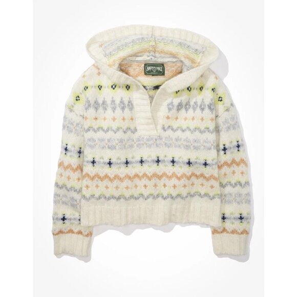 American Eagle Outfitters Sweaters - American Eagle Women Sweater Fair isle Hooded Size L Cropped Wool Blend Cozy